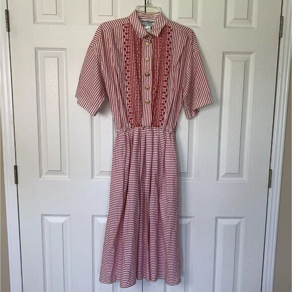 Donna Morgan Large Dress Red White Stripe Union Made Stretch Waist 80's Vintage - Picture 1 of 16